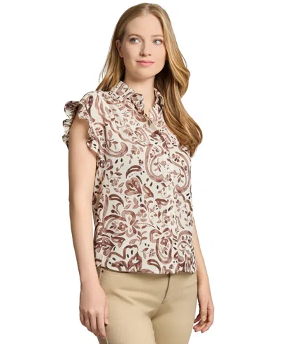 Jones New York Ruffle Sleeve Button-up Shirt In Brown