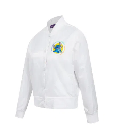 FREEZE MAX WOMEN'S WHITE LILO AND STITCH SCRUMP STITCH FULL-SNAP SATIN JACKET 