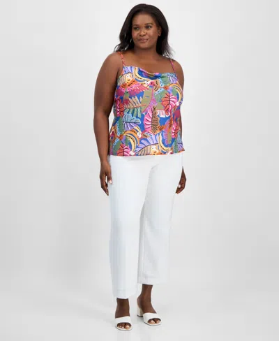 Tahari Asl Plus Size Printed Satin Draped-neck Camisole Top