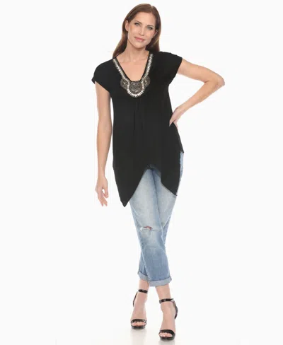 White Mark Women's Beaded Angled Hem Knit Top