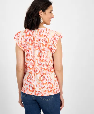 Style & Co Women's Printed Flutter-sleeve Pintuck Blouse, Exclusively At Macy's In Orange
