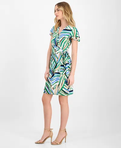 Anne Klein Plus Size Flutter-sleeve Classic Faux-wrap Dress In Green