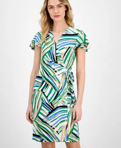 Anne Klein Plus Size Flutter-sleeve Classic Faux-wrap Dress In Green