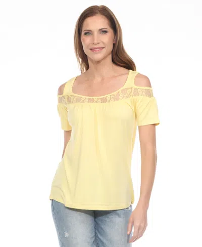 White Mark Women's Cold Shoulder Lace Trim Knit Top In Yellow