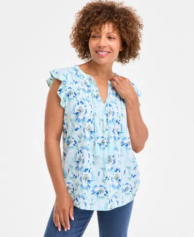 Style & Co Women's Printed Flutter-sleeve Pintuck Blouse, Exclusively At Macy's In Blue