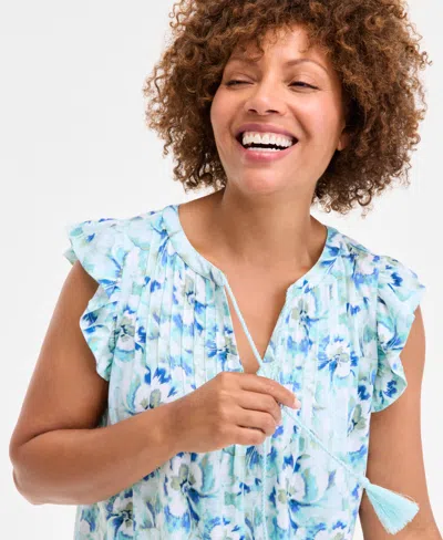Style & Co Women's Printed Flutter-sleeve Pintuck Blouse, Exclusively At Macy's In Blue