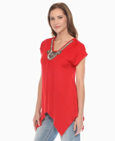 White Mark Women's Beaded Angled Hem Knit Top In Red