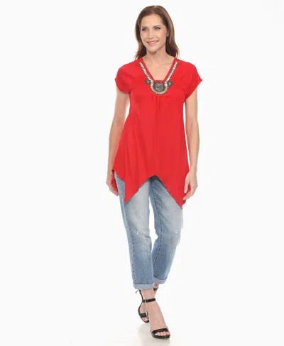 White Mark Women's Beaded Angled Hem Knit Top In Red