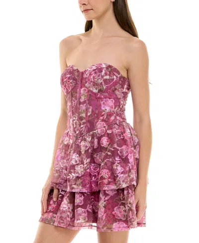Trixxi Juniors' Printed Strapless Embroidered Tiered Dress
