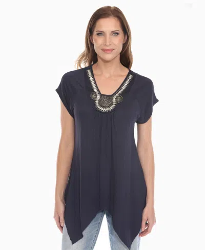 White Mark Women's Beaded Angled Hem Knit Top