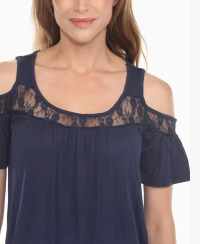White Mark Women's Cold Shoulder Lace Trim Knit Top In Blue