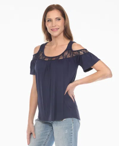 White Mark Women's Cold Shoulder Lace Trim Knit Top In Blue