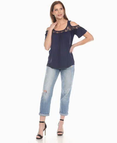 White Mark Women's Cold Shoulder Lace Trim Knit Top In Blue