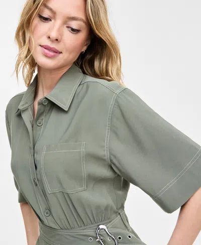 Bar Iii Women's Belted Short-sleeve Utility Romper, Created For Macy's In Green