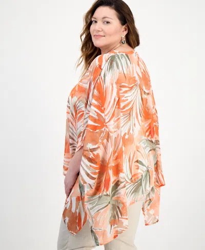 Kasper Plus Size Floral-print V-neck Dolman-sleeve Poncho Top In Multi