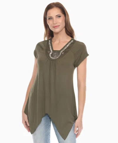 White Mark Women's Beaded Angled Hem Knit Top In Green