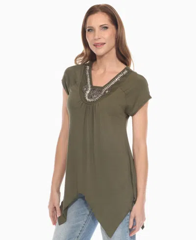 White Mark Women's Beaded Angled Hem Knit Top In Green