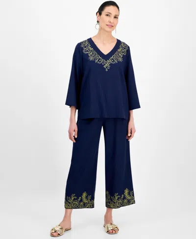 Jm Collection Women's Linen Blend Embroidered-v-neck Top, Exclusively At Macy's In Blue