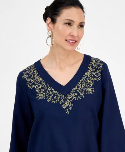 Jm Collection Women's Linen Blend Embroidered-v-neck Top, Exclusively At Macy's In Blue