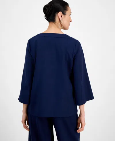 Jm Collection Women's Linen Blend Embroidered-v-neck Top, Exclusively At Macy's In Blue