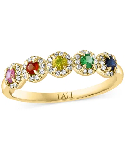 Lali Jewels Multi Sapphire (0.29 Ct. T.w.) & Diamond (0.15 Ct. T.w.) Five Stone Halo Ring In 14k Gold