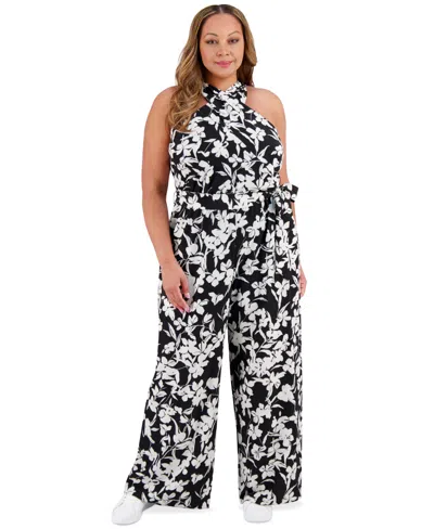 London Times Plus Size Crisscross Halter Belted Jumpsuit