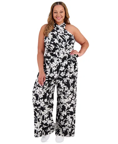 London Times Plus Size Crisscross Halter Belted Jumpsuit