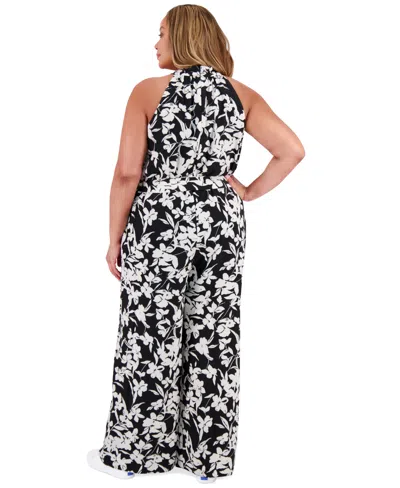 London Times Plus Size Crisscross Halter Belted Jumpsuit
