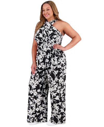 London Times Plus Size Crisscross Halter Belted Jumpsuit