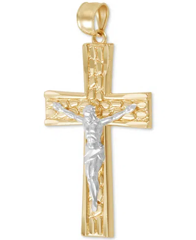 Macy's Men's Nugget Motif Christ Figure Crucifix Pendant In 14k Two-tone Gold