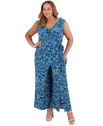 London Times Plus Size Printed Walk-through Jumpsuit