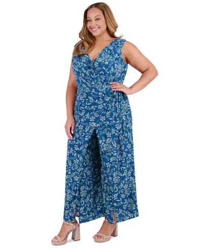 London Times Plus Size Printed Walk-through Jumpsuit