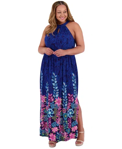 London Times Plus Size Halter Placement-print Maxi Dress