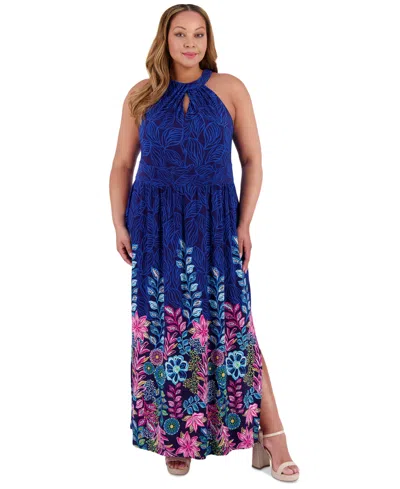 London Times Plus Size Halter Placement-print Maxi Dress
