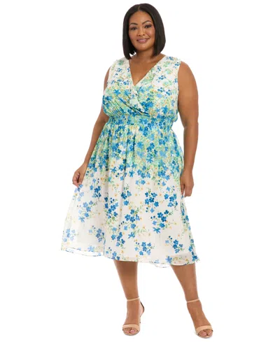 London Times Plus Size V-neck Smocked-waist Midi Dress
