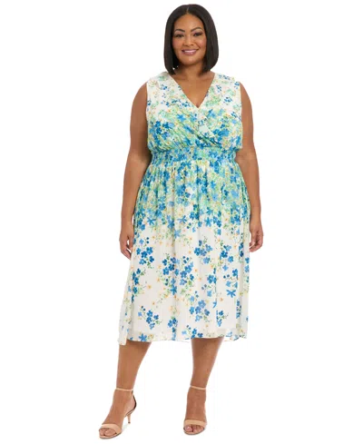 London Times Plus Size V-neck Smocked-waist Midi Dress