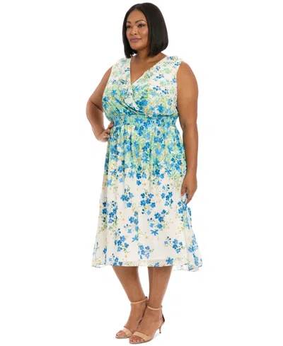 London Times Plus Size V-neck Smocked-waist Midi Dress