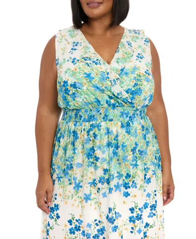 London Times Plus Size V-neck Smocked-waist Midi Dress