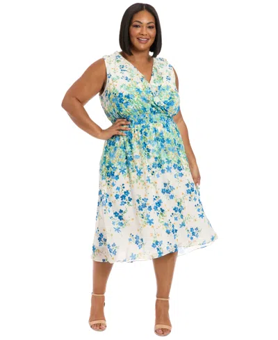 London Times Plus Size V-neck Smocked-waist Midi Dress