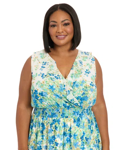 London Times Plus Size V-neck Smocked-waist Midi Dress