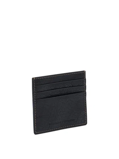 Brunello Cucinelli Compact Textured Cardholder Contrast Stitching In Black