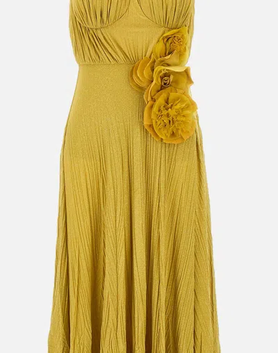Elisabetta Franchi Red Carpet Dress Made Of Lurex Jersey Fabric With Embroidered Flower