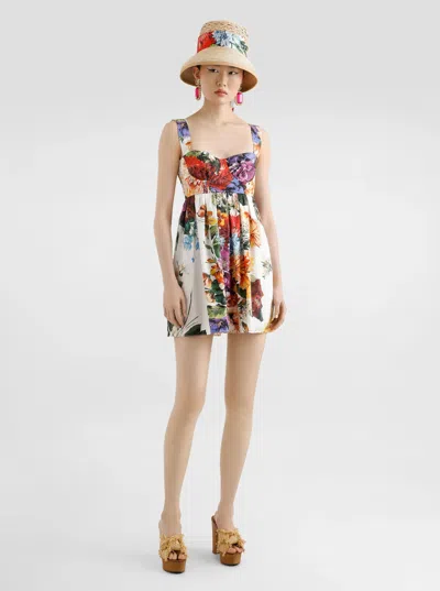 Dolce & Gabbana Multicolor Sleeveless Dress With Bustier Style Neckline And All-over Floral Print In Cotton Woman