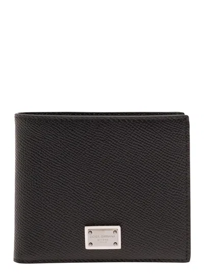 Dolce & Gabbana Black Bi-fold Wallet With Logo Plaque On The Front In Grained Leather Man