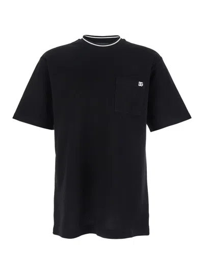 Dolce & Gabbana Black Crewneck T-shirt With Logo Embroidery On The Front