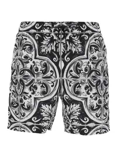 Dolce & Gabbana 'maiolica' Black And White Swim Shorts With Elastic Drawstring Waist And All-over Print In Tech Fabr