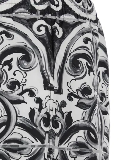 Dolce & Gabbana 'maiolica' Black And White Swim Shorts With Elastic Drawstring Waist And All-over Print In Tech Fabr