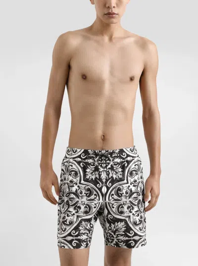 Dolce & Gabbana 'maiolica' Black And White Swim Shorts With Elastic Drawstring Waist And All-over Print In Tech Fabr
