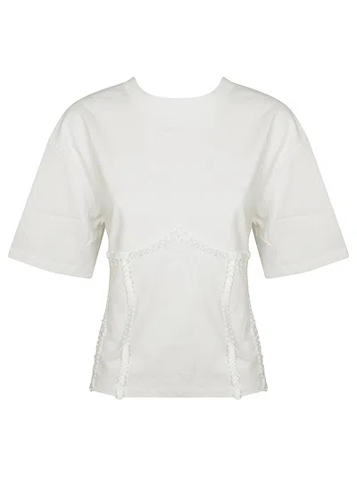 Ganni White Crewneck T-shirt With Front Embellishments And Rear Bow Closure In Cotton Woman
