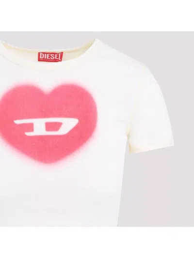 Diesel Women Ivory Ribbed Stretch Cotton T-ele T-shirt